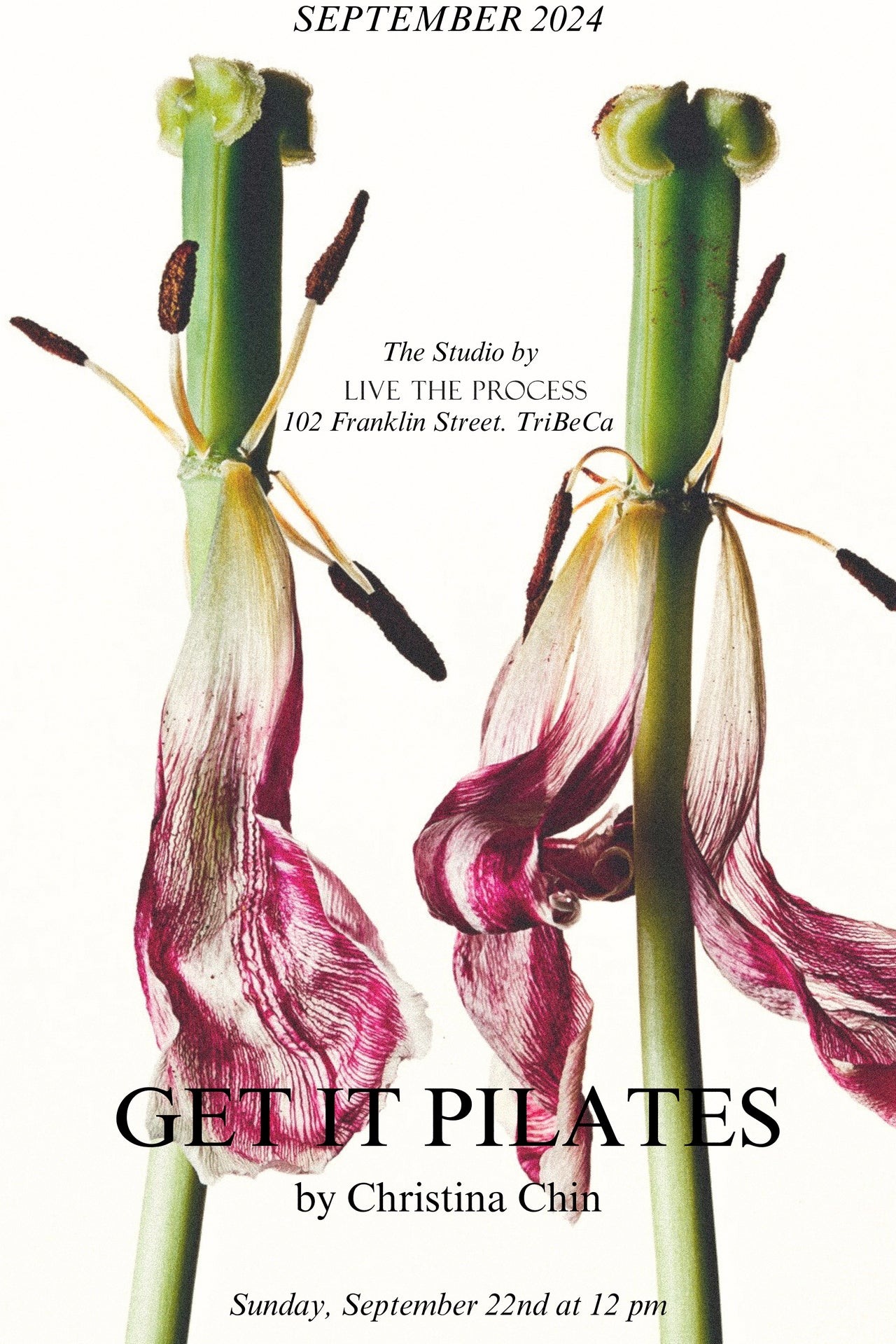 "Get It Pilates class poster for September 2024 at The Studio by Live The Process, TriBeCa, featuring floral artwork"